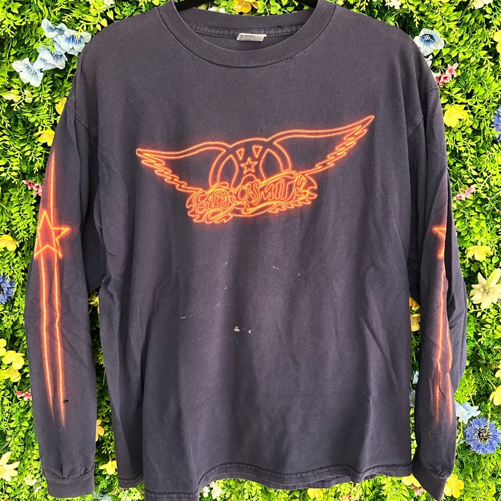 AEROSMITH Vintage Faded Navy Blue Long sleeve Neon Shirt Distressed Adult Large